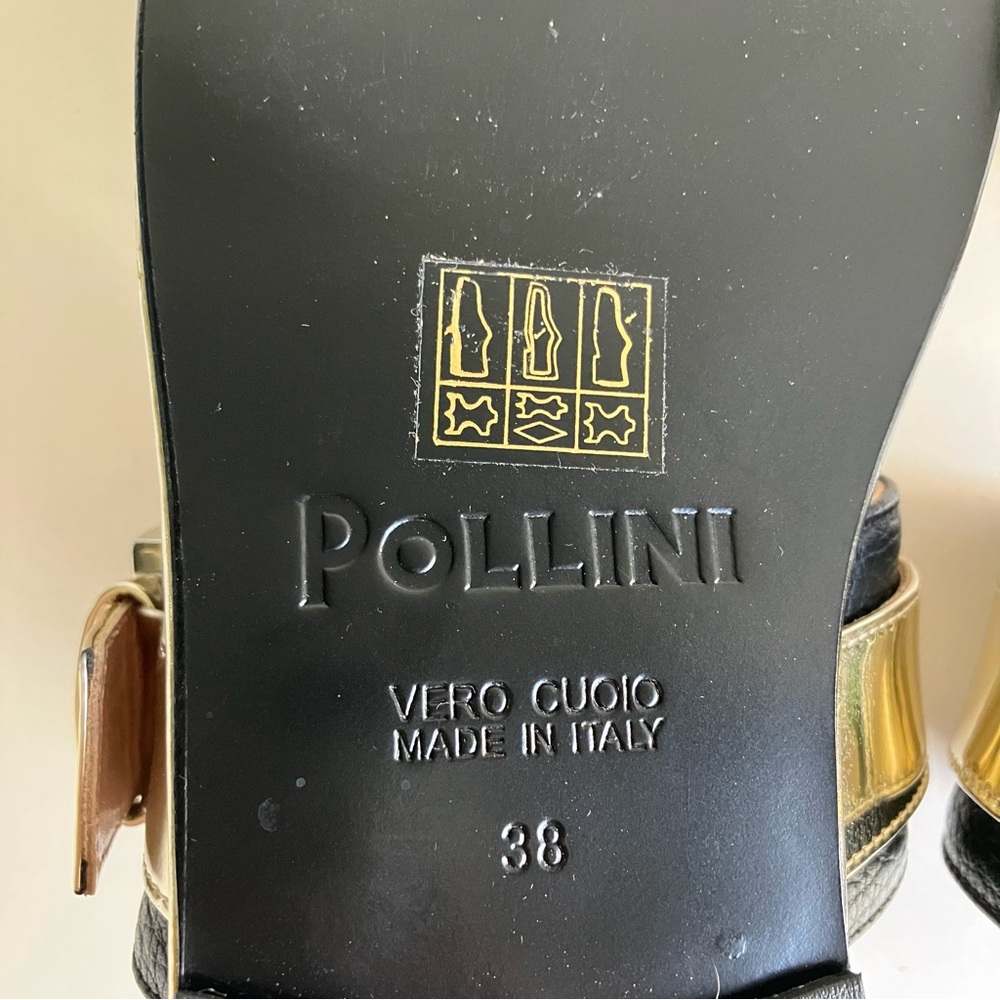Pollini Leather Strappy Sandals Size 38 Gold Buckle Black Slides Open Toe Resort - Picture 3 of 14